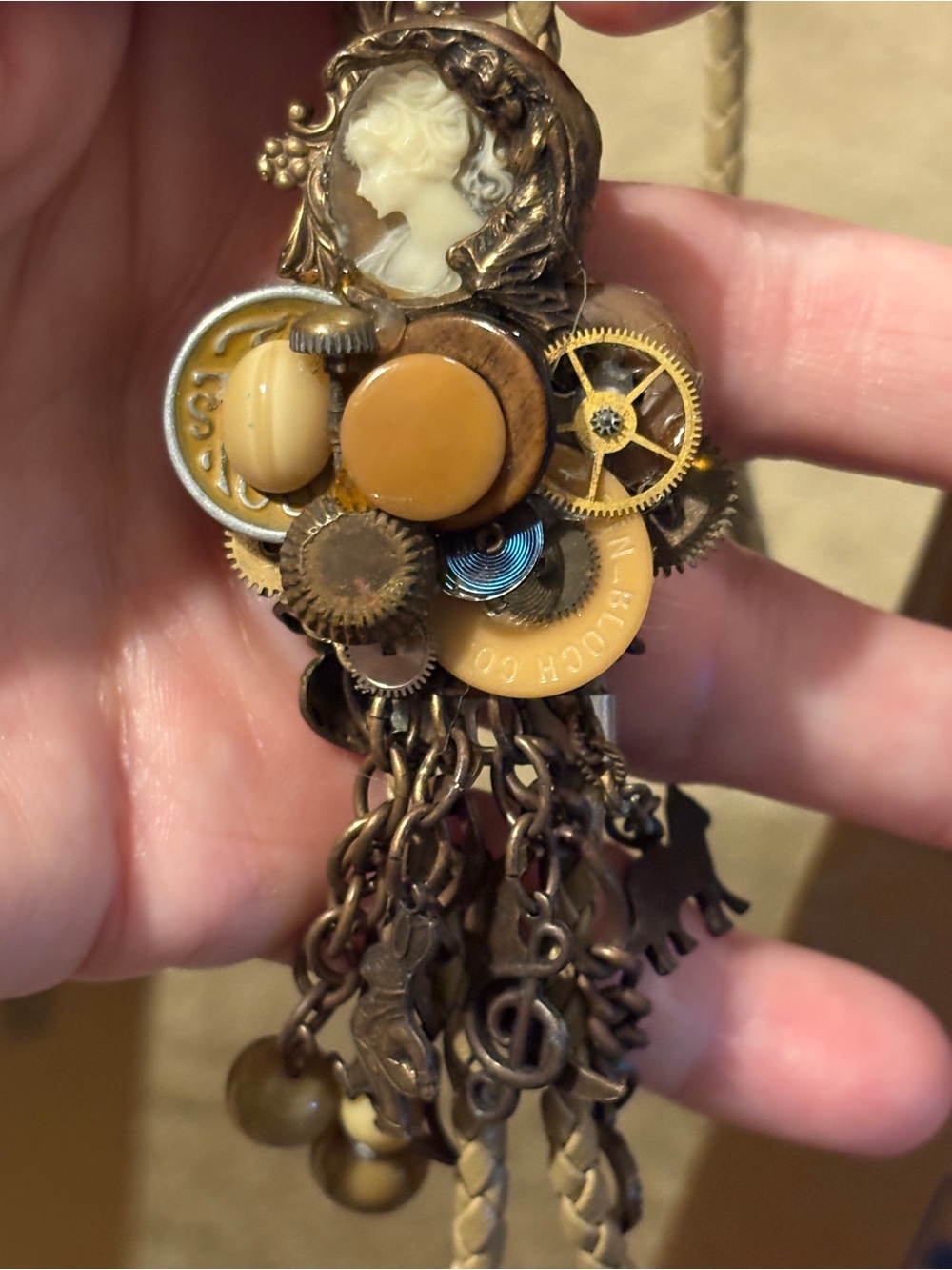 Lisa Carlson OOAK Steampunk Cameo Assemblage Bolo Tie Watch Parts